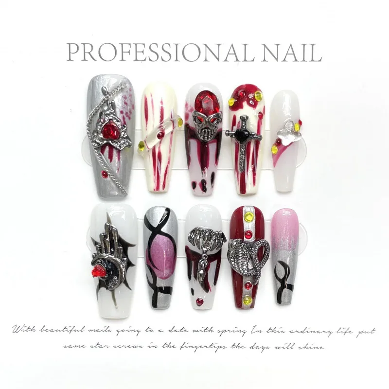 

10pcs Handmade Press on Nails Blood Spirit Dark Skull Elf Blood Sacrifice 3D Spider False Nail for Women&Girl Removable Nail