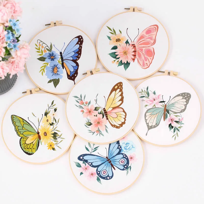 1PC Butterfly DIY Embroidery Kit Flower Landscape Embroidery Stitching Kits With Hoop Sewing Art Craft Needlework Cross Stitch