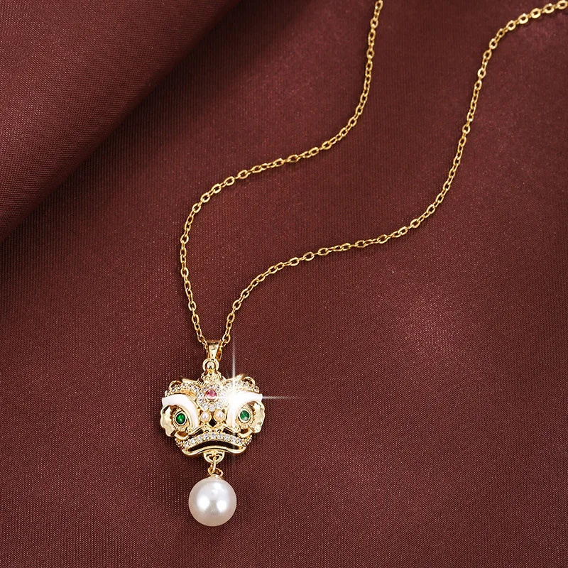 Chinese Lucky Awakening Lion Pendant Necklace Gold Plated Rhinestone Faux Pearl Dangle Clavicle Chain For Women Blessing Good