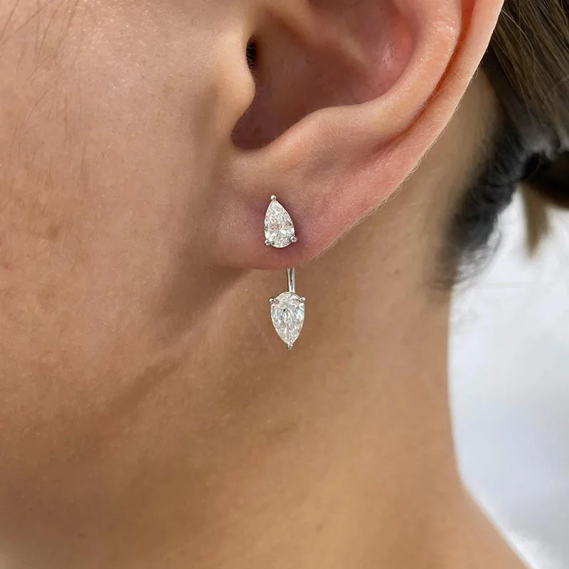 2 Stone 2.5Ctw Pear Cut EF-VS CVD&HPHT Lab Grown Diamond Earrings For Women 14K Gold Wearing Detachable Earcuff Jewelry Gifts