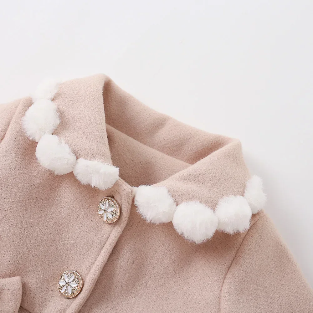 (0-3 Years Old) Winter New Woolen Coat for Baby Girls Coat Coat Coat Furry Lapel Bow Long Sleeve Warm Fashion Coat