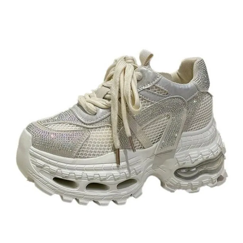 

Fashion Chunky Sneakers Women Synthetic Leather Mesh Round Toe Lace-up Sports Trainers Ladies Patchwork Rhinestone ShoesHandmade