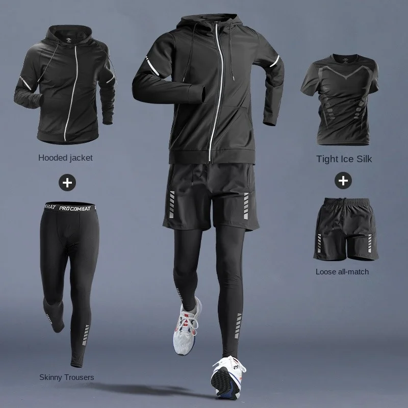 Sports four piece set for men's running gym clothes, autumn quick drying clothes, tight fitting equipment, morning running speci
