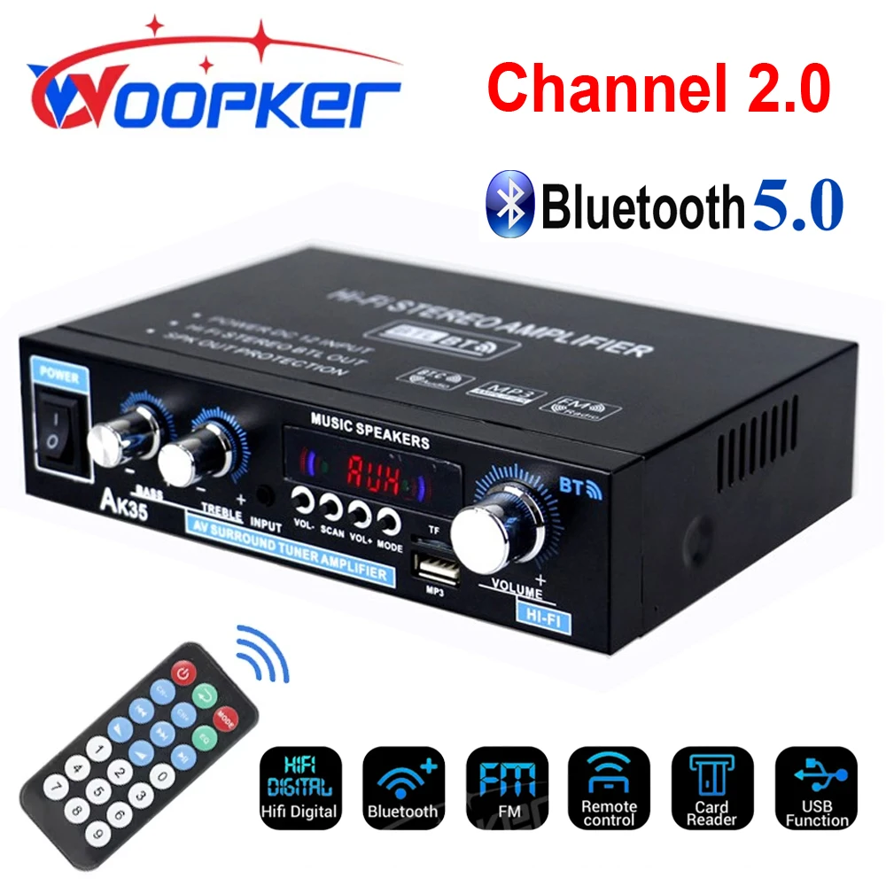 Woopker-Mini amplificateur de son numérique HIFI AK35, Bluetooth, overd'absorption, canal MP3 2.0, FM, télécommande USB, maison, voiture karaoké