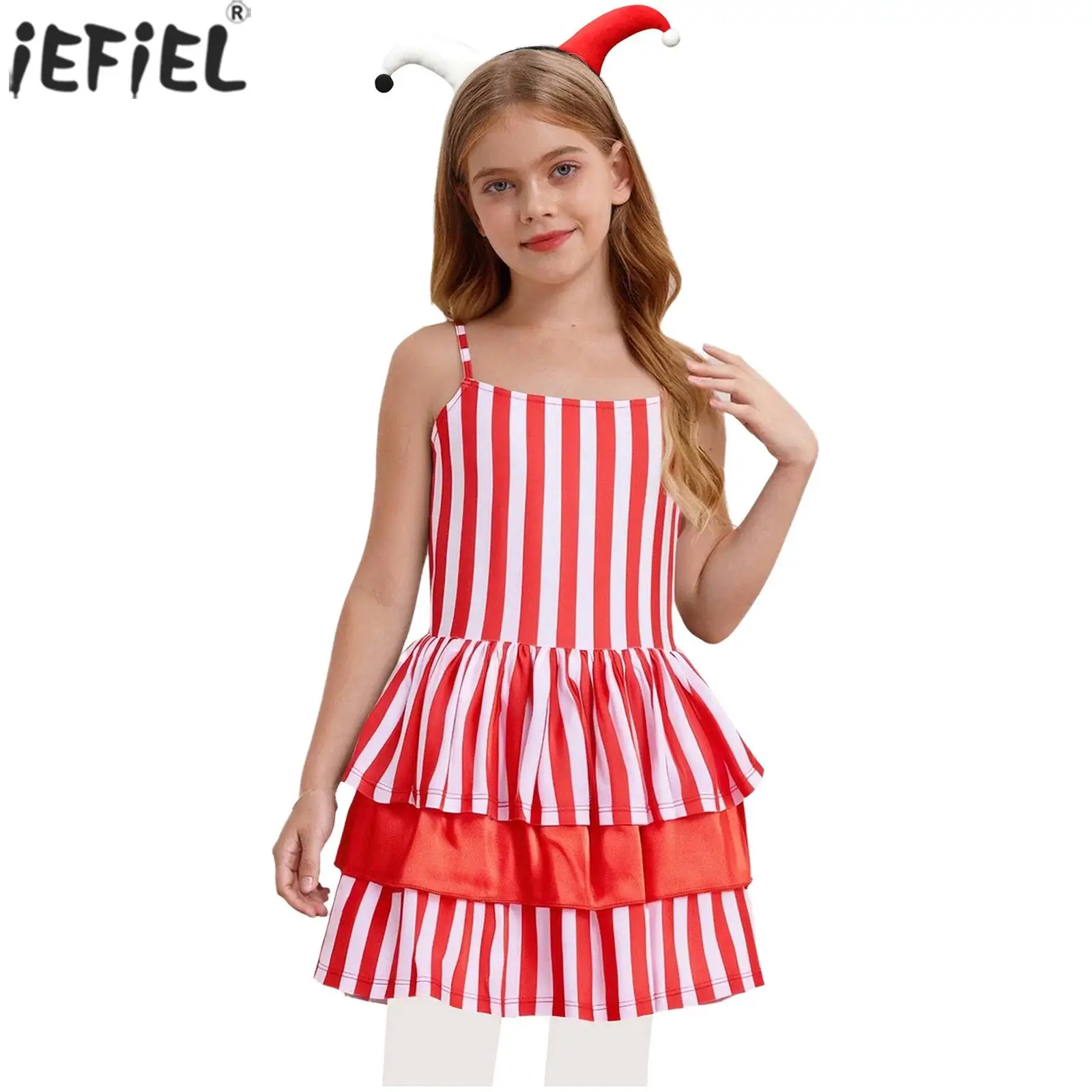 

Kids Girls Clown Costume Striped Spaghetti Strap Layered Ruffle Dress with Crazy Clowns Headwear for Halloween Carnival Party