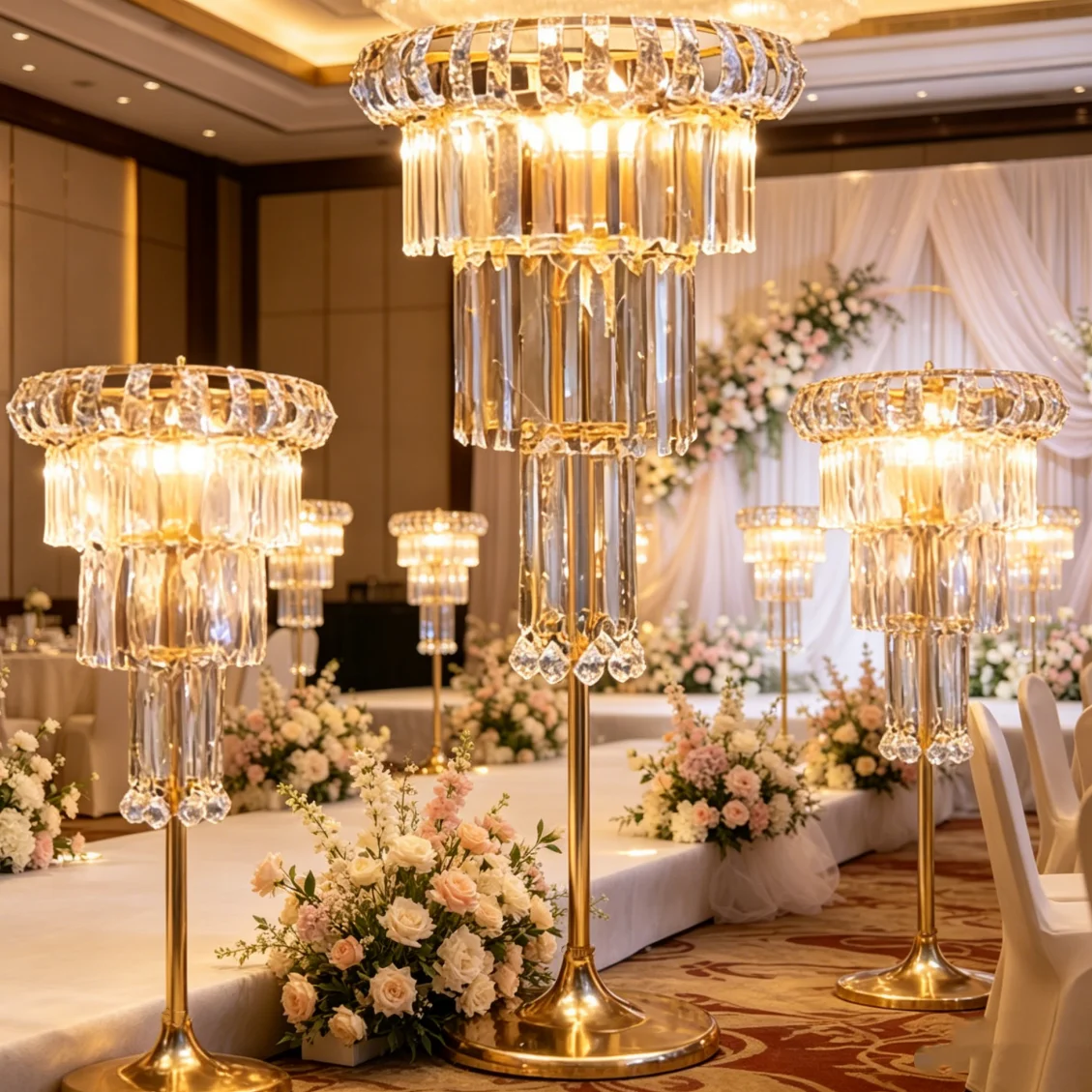 5pcs 80-120cmCrystal Vase for Table Centerpiece,  LED wireless Wedding Decor Flower Stand, Metal Chandelier Stand with LED light