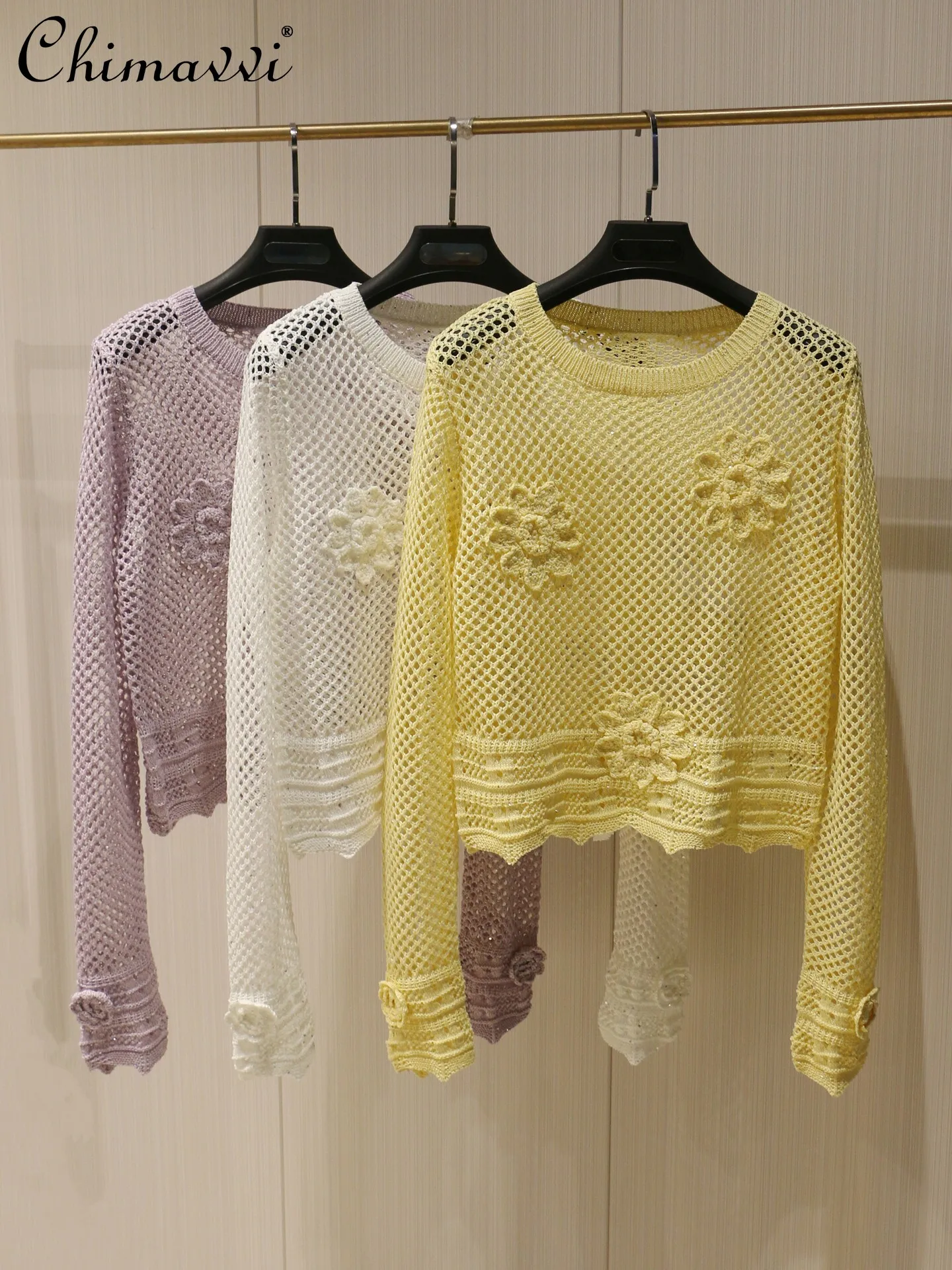 

2026 Spring Summer New Sweet Hand-crocheted Knit Top Women's Fashion Long Sleeve Crew Neck 3d Floral Versatile Pullovers