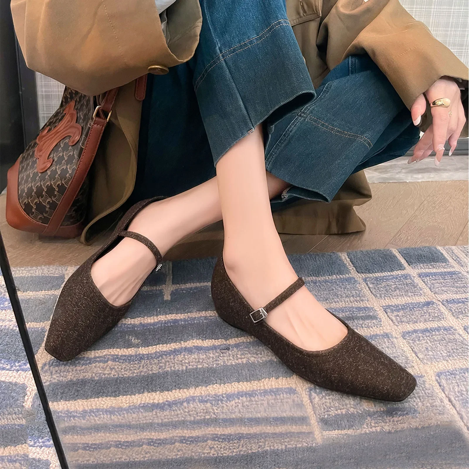 

2025 Spring twill Mary Jane shoes square toe word-cingulate Increased Internal Single shoe commute Pump large size