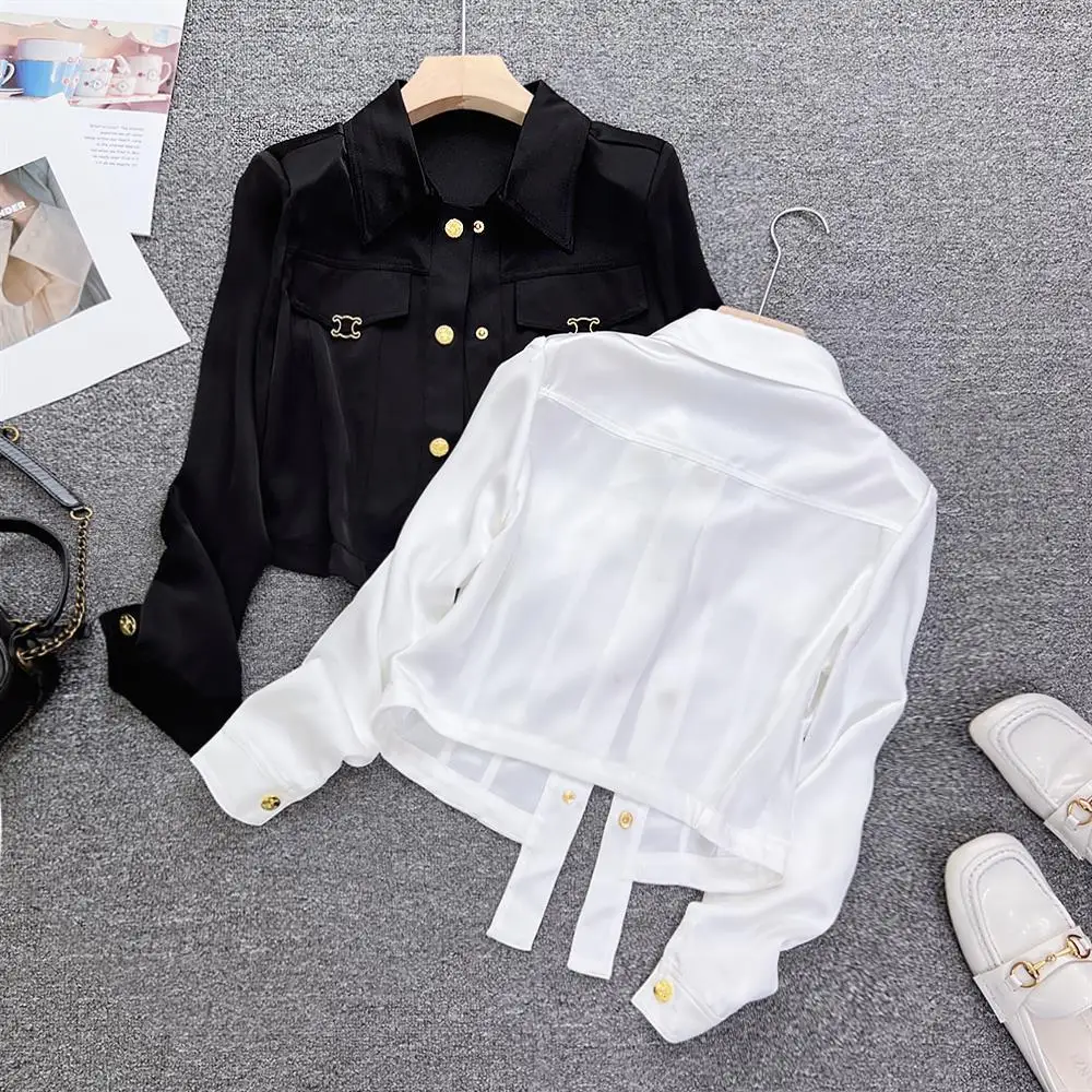 Francês elegante blusa de cetim jaqueta feminina ácido acético manga longa camisa curta topos senhora do escritório moda doce vintage streetwear