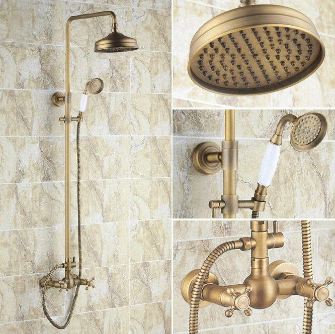 

Dual Cross Handle Rainfall/Handheld Shower Faucet Set Antique Brass Bathroom Faucets Set Wall Mount Hot And Cold Taps Drs107