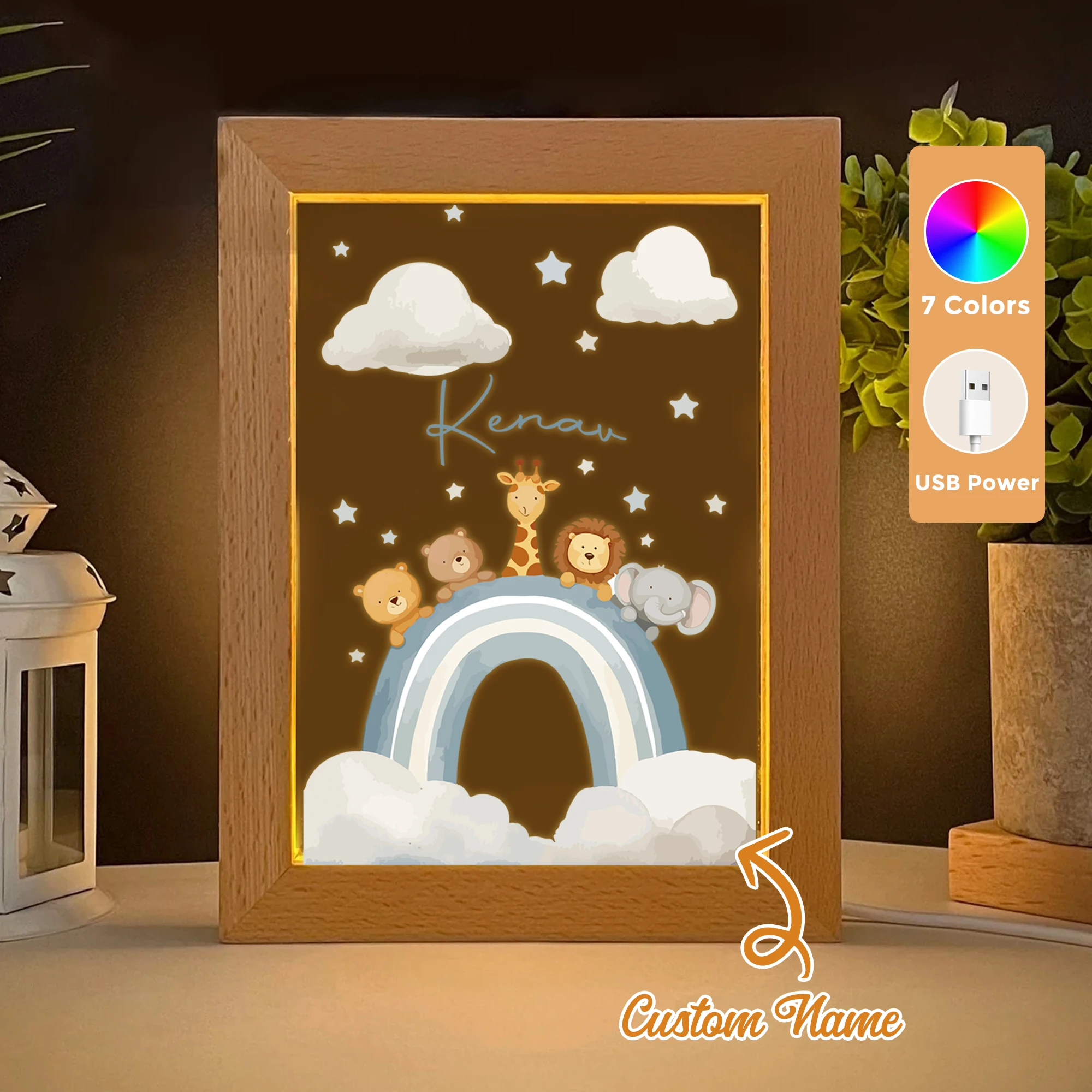 

2D Flat Custom Name Rainbow Animal LED Acrylic Night Light Wood Photo Frame 21x17cm Cartoon Children Bedroom Gifts Home Decor