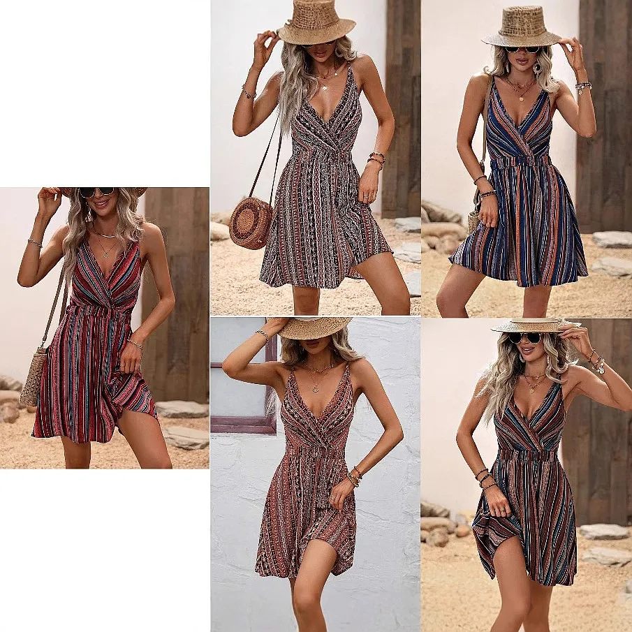 Sexy Striped Wrap V Neck Dress Summer Sling Dresses Bodycon Midi Tube Tops