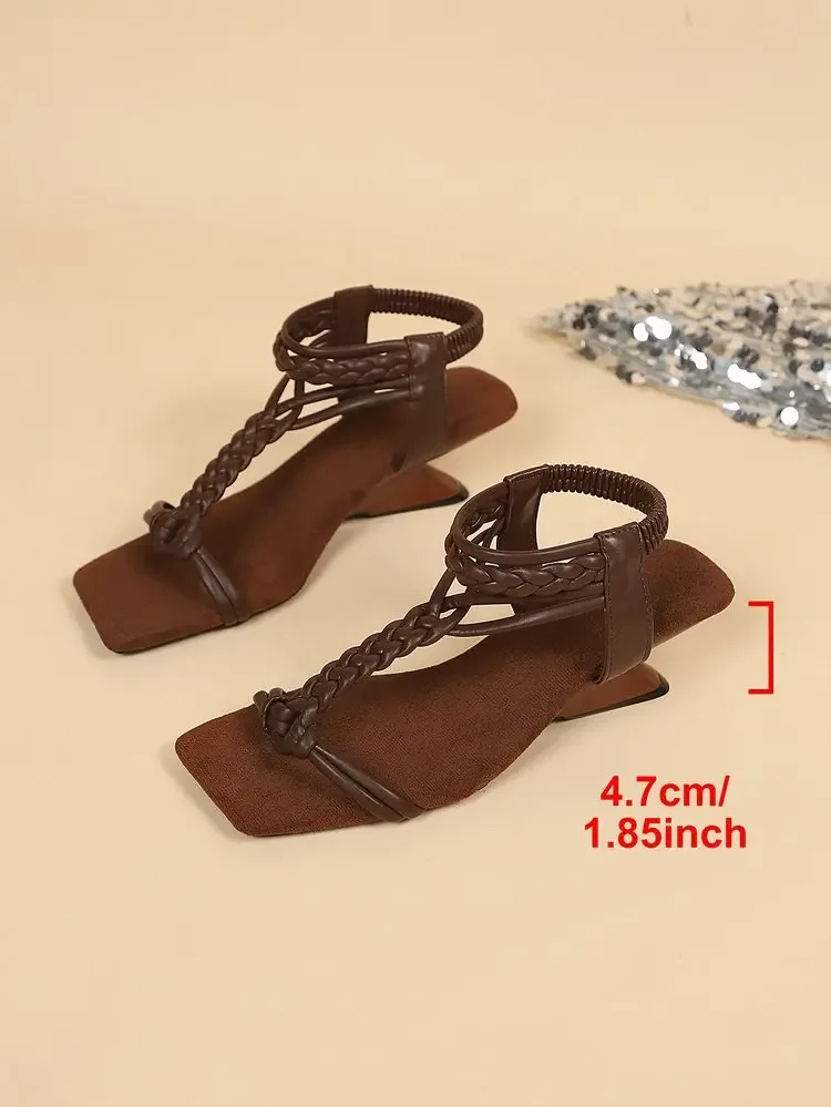 Brand Design Vintage Braune T-Riemen-Sandalen mit eckiger Zehenpartie für Damen – Sommer 2026 Bequeme Urlaubssandalen mit ausgefallenen Absätzen – Detail 37