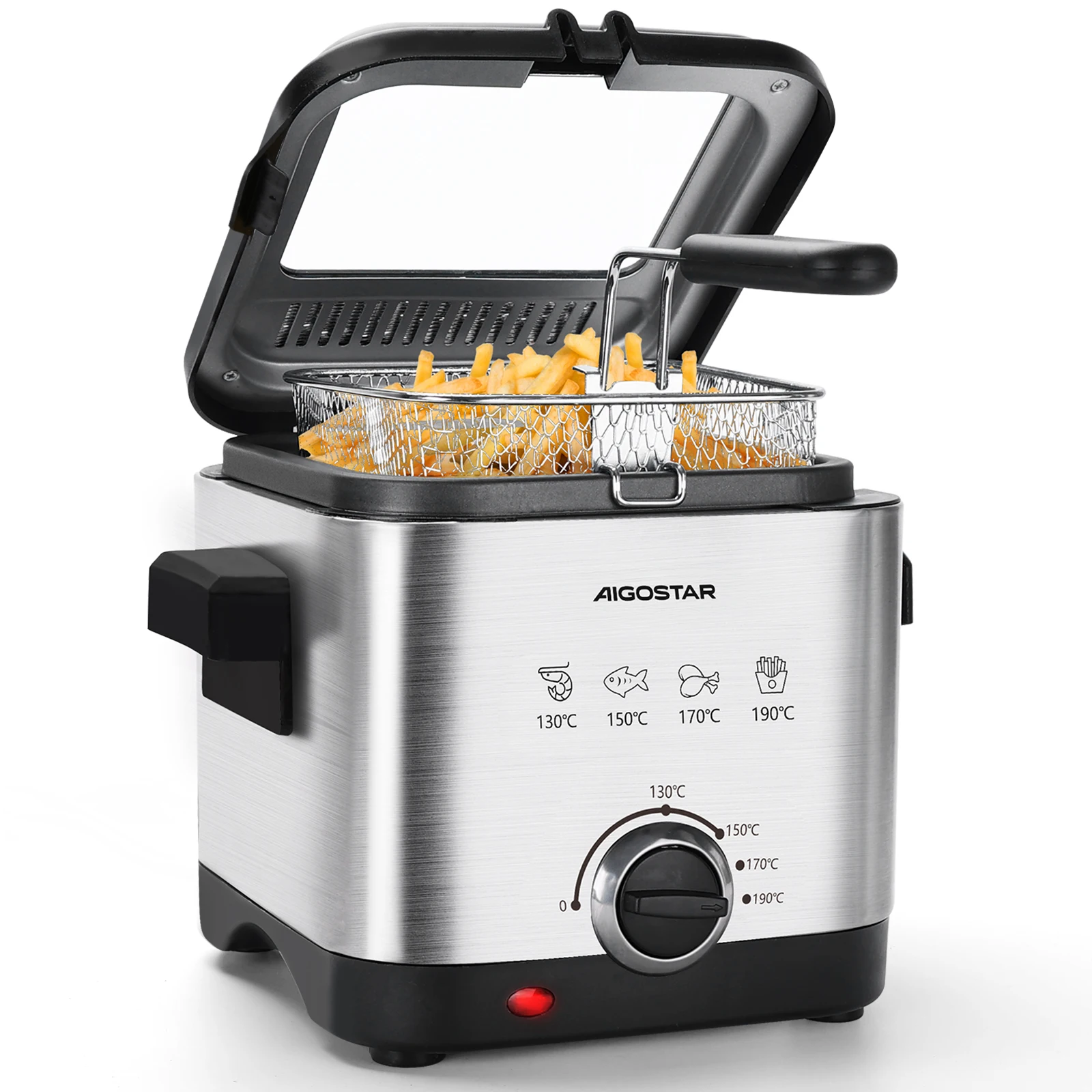 Aigostar Fritteuse， Mini Fritteuse， Temperaturkontrolle und Sichtfenster ，Easy Clean， Edelstahl-Korb， 1，5 Liter groß，1000W