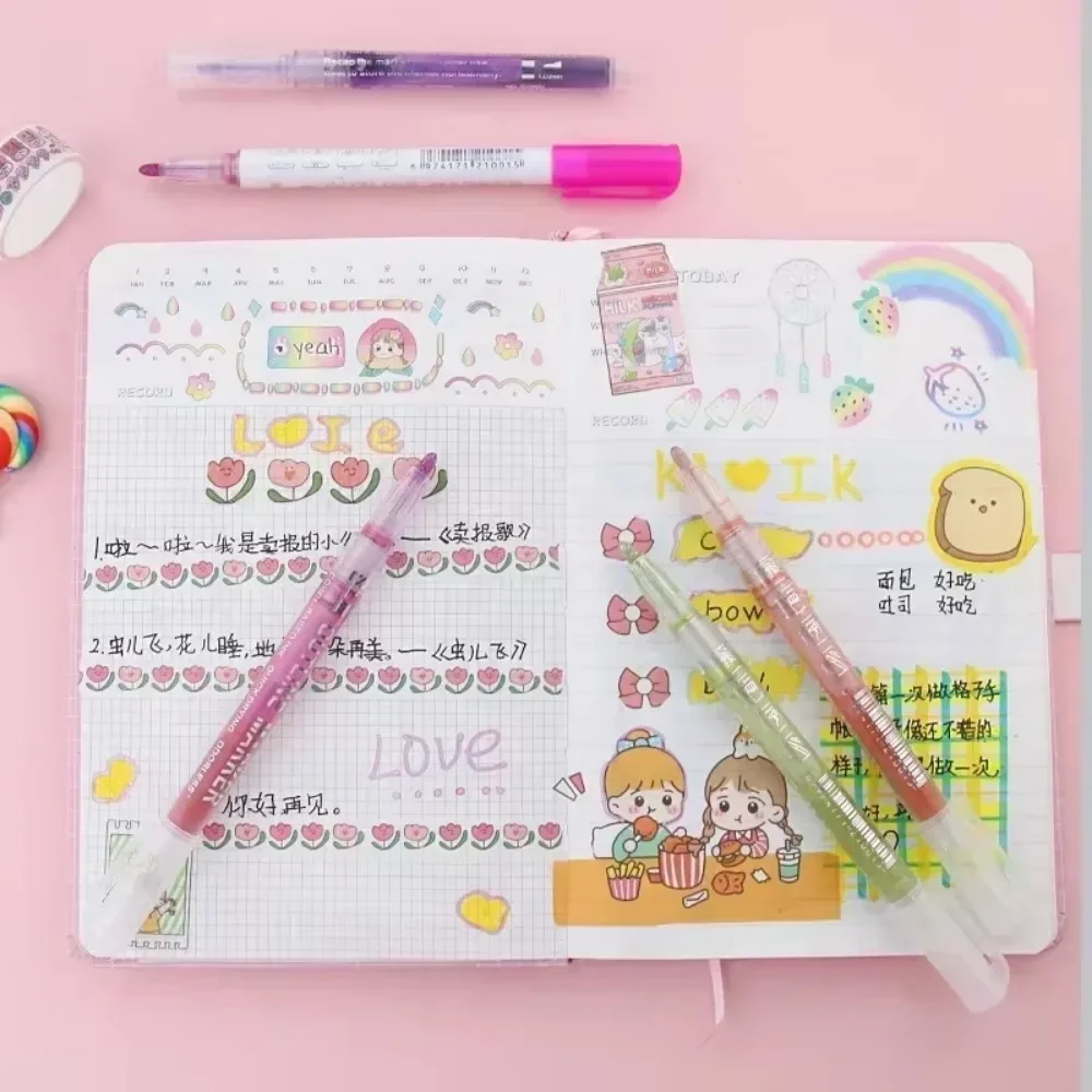 جديد 8 ألوان خط مزدوج مخطط الفن القلم قلم تحديد للطلاب DIY الكتابة على الجدران هيغليغتر سجل القصاصات رصاصة مذكرات ملصق بطاقة