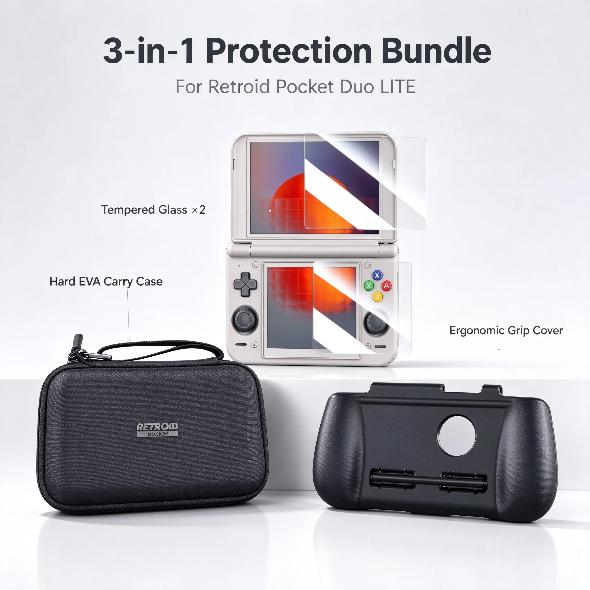 3-in-1 Bundle for Retroid Pocket Duo LITE Tempered Glass x2, Hard EVA Carry Case, Non-Slip Grip Cover