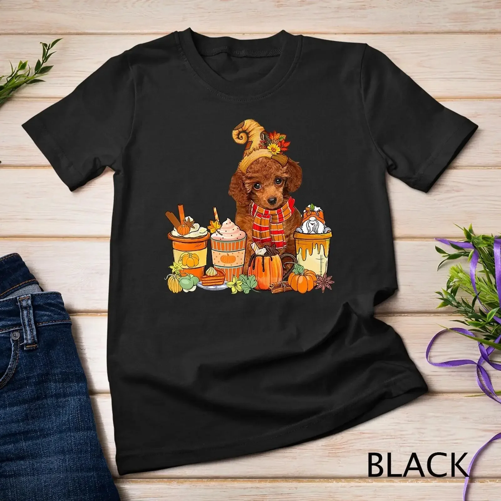 Poodle wearing hat with coffee cups Thanksgiving pumpkins T shirt  vintage Washed fashion Casual homme graphic Unisex