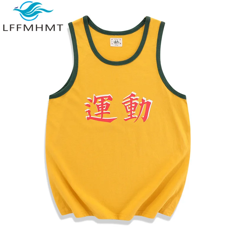 230G/M² Cotton Good Quality Vintage Men's Vest Chinese Letter Print Sleeveless O-neck Patchwork Loose Casual Chic Sport Tank Top