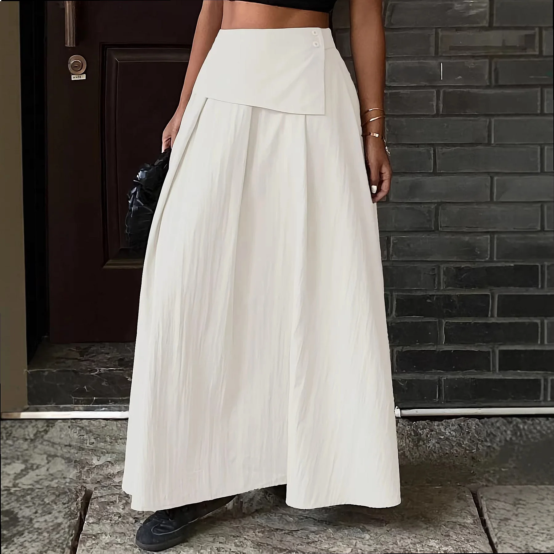 Women Skirt Button Decor Casual Loose Irregular A Line Skirts Elastic Waist Spring Summer