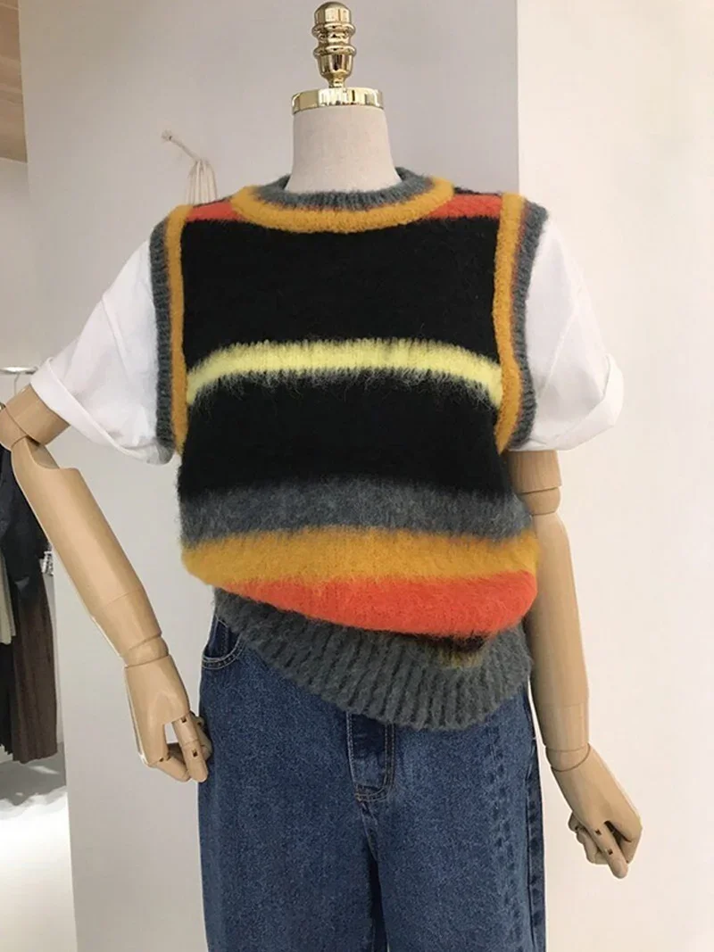 

Chaleco Mujer Korean Autumn Contrast Color O Neck Striped Knitted Vest Sleeveless Sweater Top Retro Pull Y2k