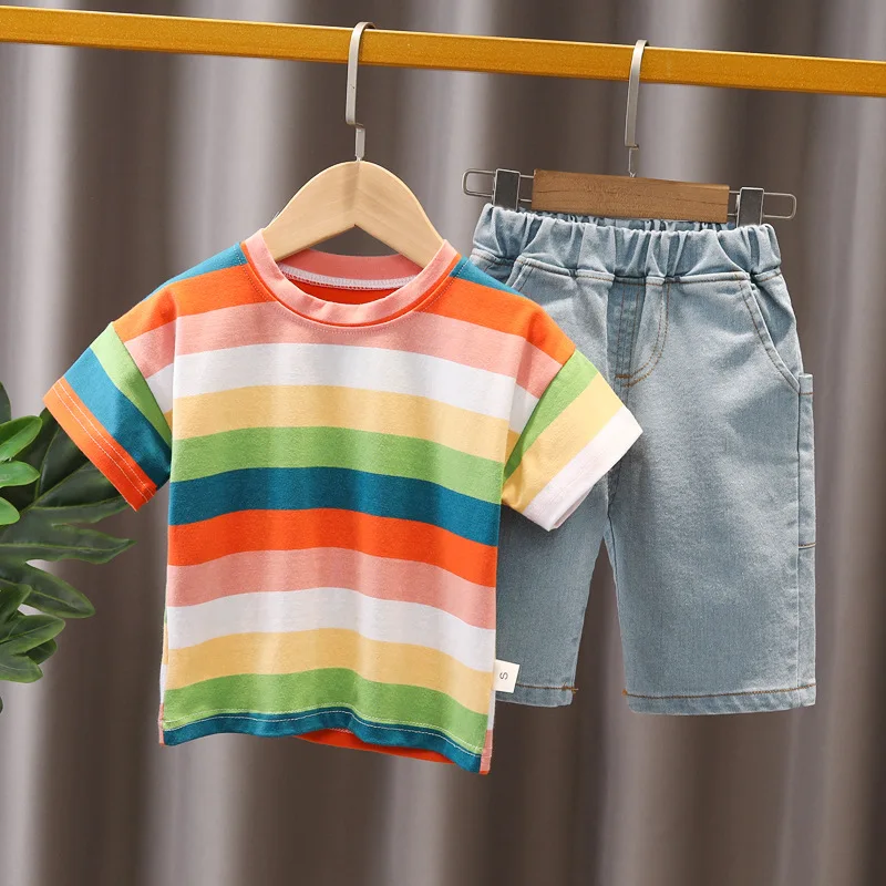 

Children's set Boys and girls letter rainbow striped short-sleeved denim shorts Summer cotton two-piece set