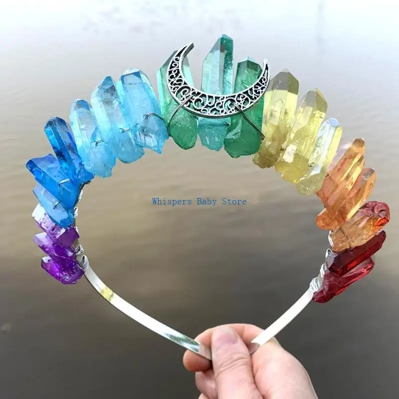 

U90E Multicolor Rainbow for Raw Crystal Crown Headband with Metal Hollow Out Antique Moon Witch Hair Accessories