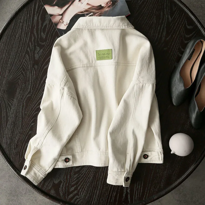 Chaqueta vaquera de color blanco leche para mujer, ropa de calle Cargo, abrigo informal con bolsillos, Tops con botones y cuello vuelto, moda de otoño