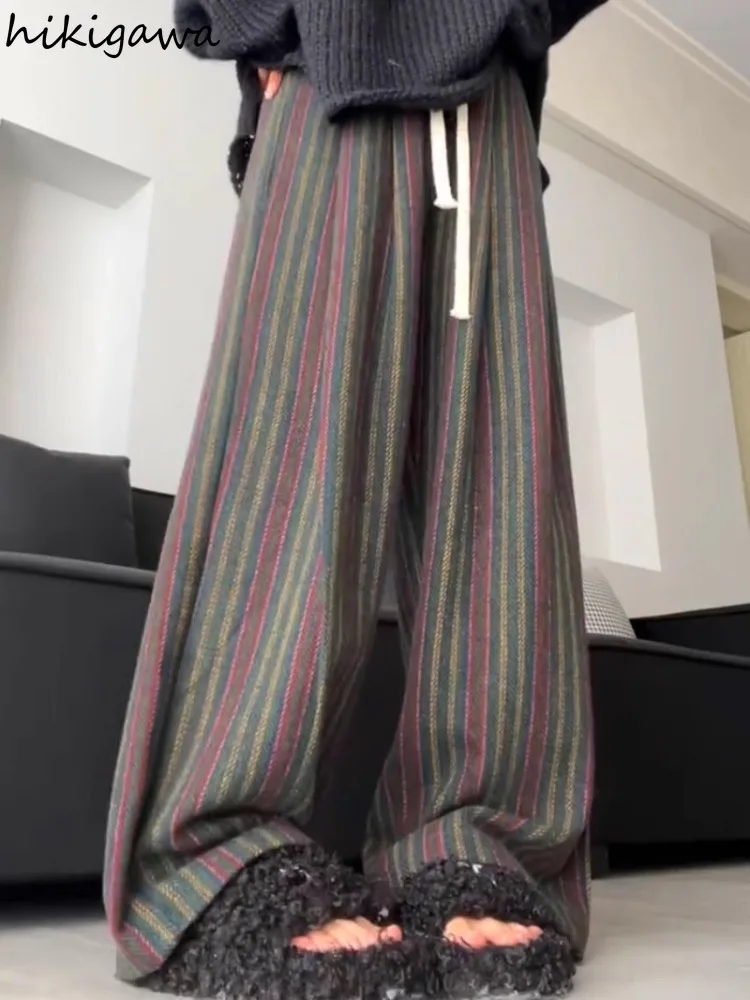 

Корейские шерстяные широкие брюки в полоску Pantalon Femme для женщин, утепленные повседневные модные прямые брюки Y2k, новинка 2024, низ