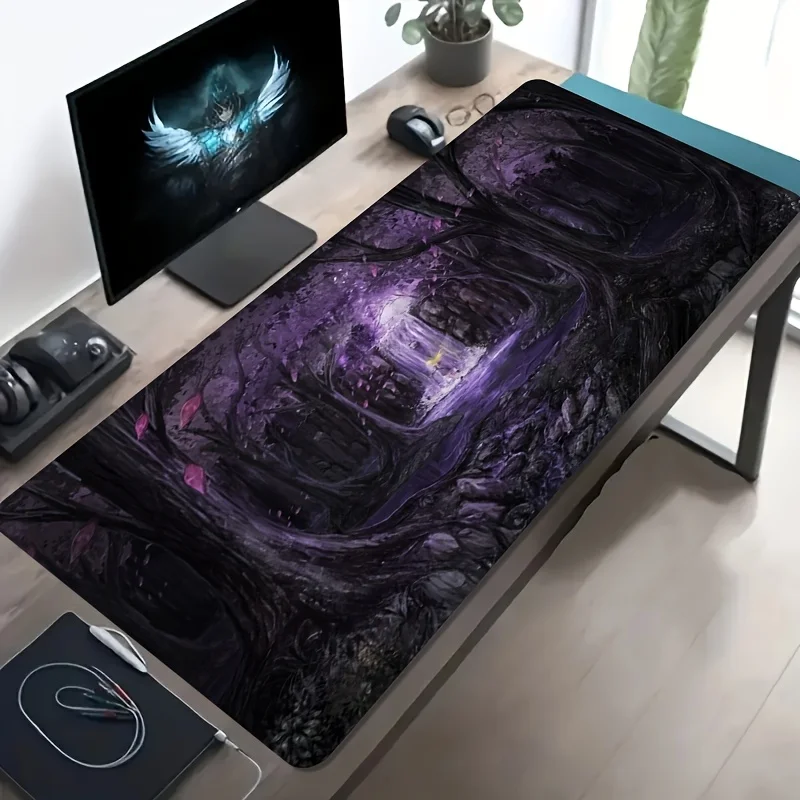 Fantasy Forest Iron Art Desk Mat Non Slip Washable Rubber Base Large Mouse Pad Purple Fairy Waterfall Wood Scene