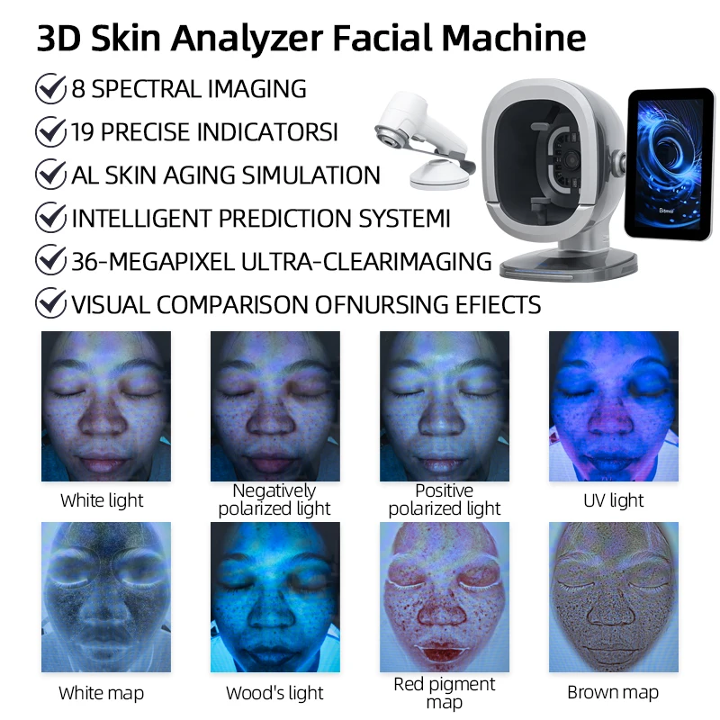 Analizador de piel 3D, máquina Facial, 19 indicadores precisos, sistema de predicción inteligente, analizador AI ultraclear de 36 megapíxeles