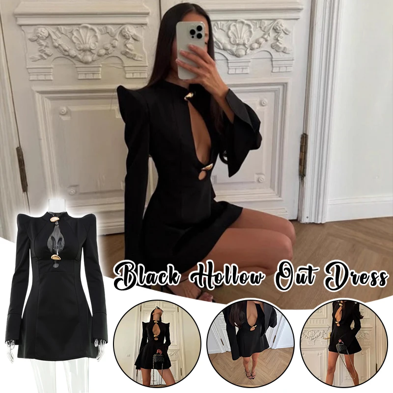 

Elegant Hollow-Out Mini Dress for Women Long Sleeve Sexy A-Line Black Short Curvy Dresses Female Party Evening Cocktail Dress