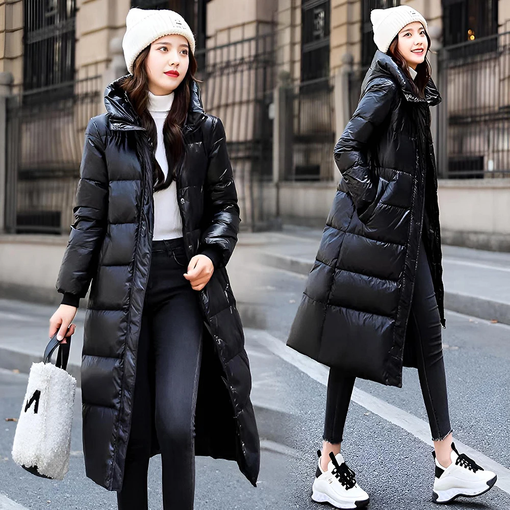 

Ultra-Thick Long Over-Knee Women's down Jacket Winter Coat Warm Cotton Bread Style Korean Straight Cut 90% White Duck down