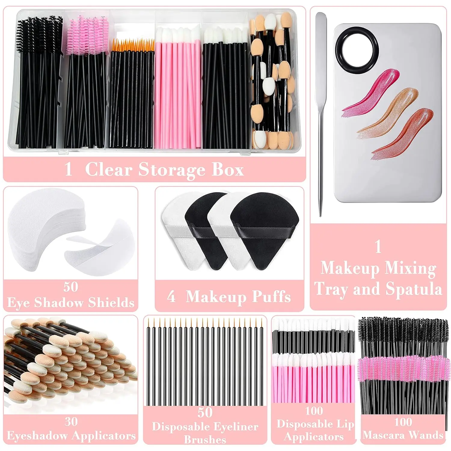 Disposable Makeup Applicators Kit, Eyeliner Brushes, Mascara Wands, Makeup Acessories Tools Kit with Storage Box