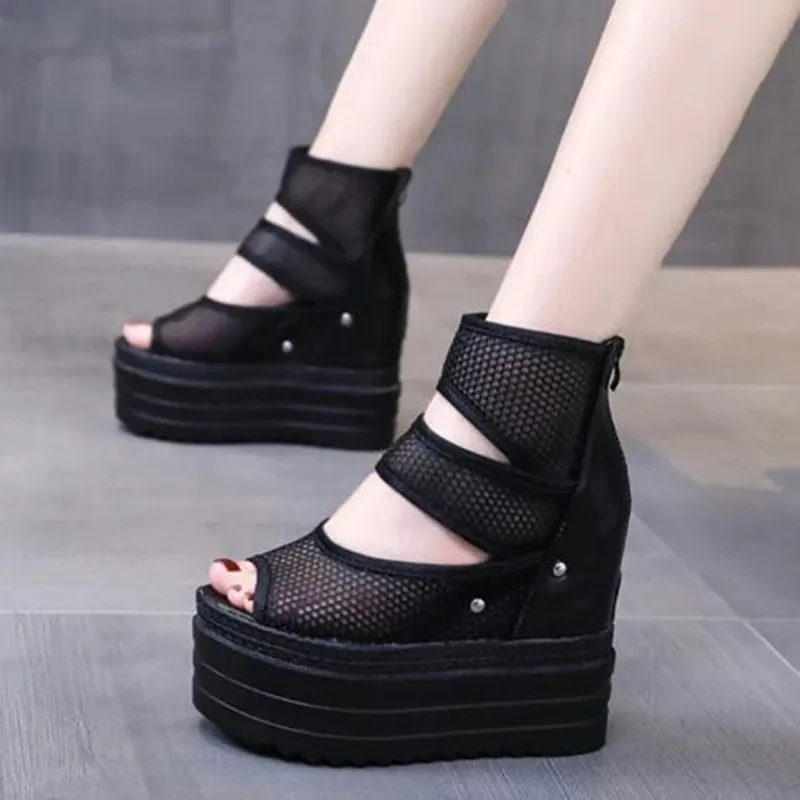 Brand Designer 12cm Black Gladiator Sandals Women Ankle Boots Female Summer Wedges Increased Platform Shoes Peep Toe Rome Sandal
