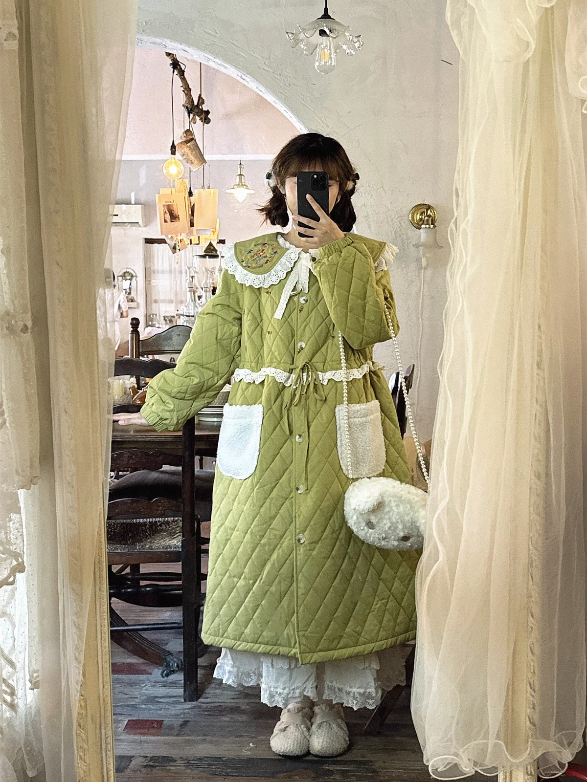 Women Lace Embroidery Sweet Cottagecore Cotton Liner Winter Long Quilted Green Coat Vintage Kawaii Lolita Retro Chic Korean Coat