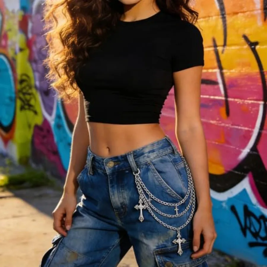 Pants Chain Waist Chain, 3 Layered Silver Cross Punk Chain Belt, Hiphop Gothic Jeans Chain Streetwear Accessories view 5