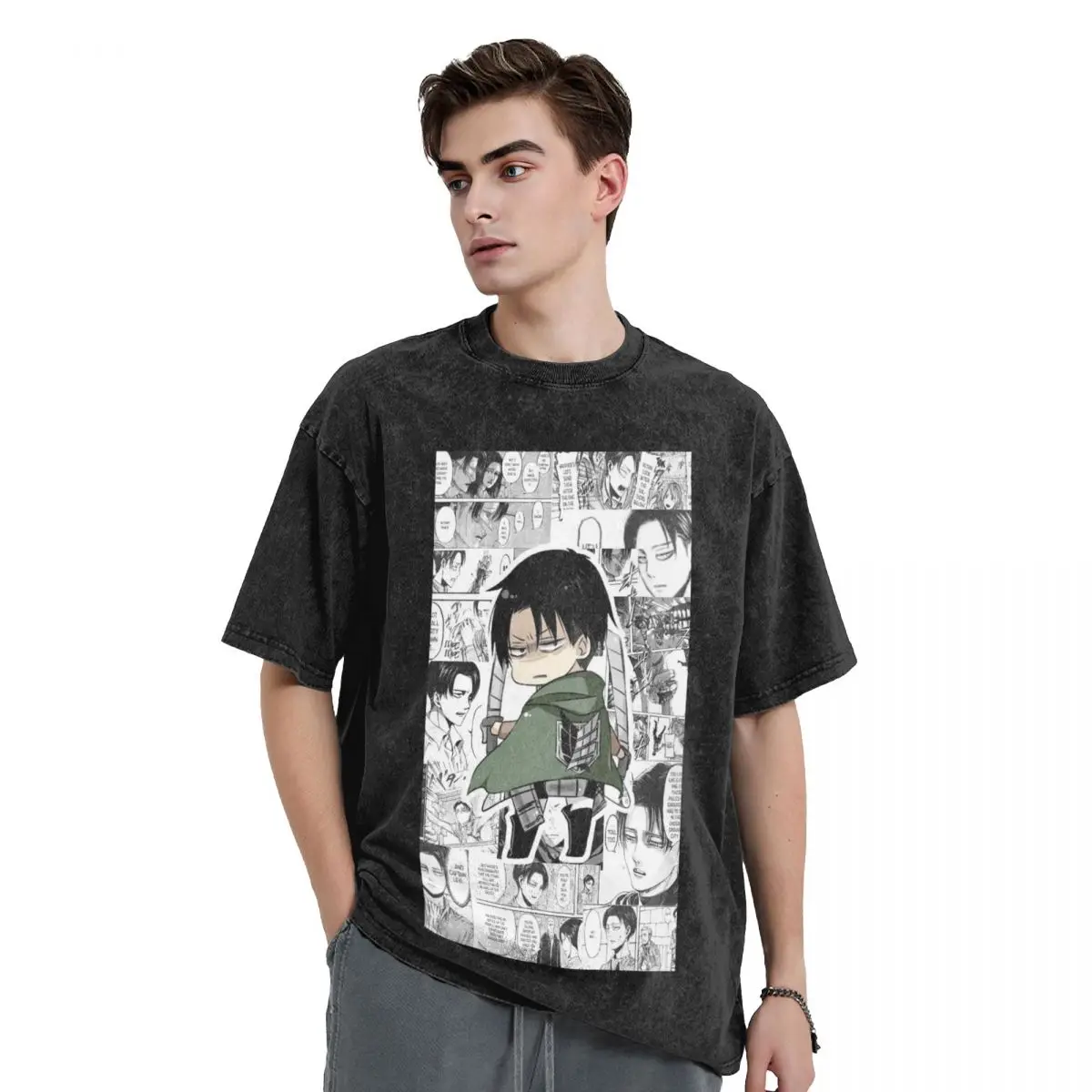 Levi Ackerman Attack On Titan Washed T Shirts Harajuku Short Sleeve Hip Hop T-Shirt Streetwear Tops Tees for Men Women
