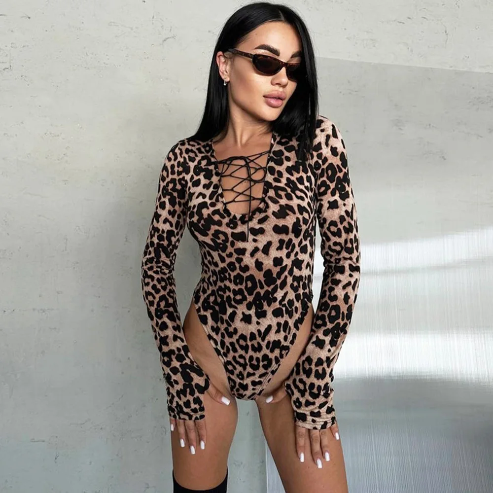 2024 Herfst Winter Hot Gebonden V-hals Mode Luipaard Lange mouwen Bodysuit Jumpsuit Body Suits Uitgaan Tops Basic T-shirt