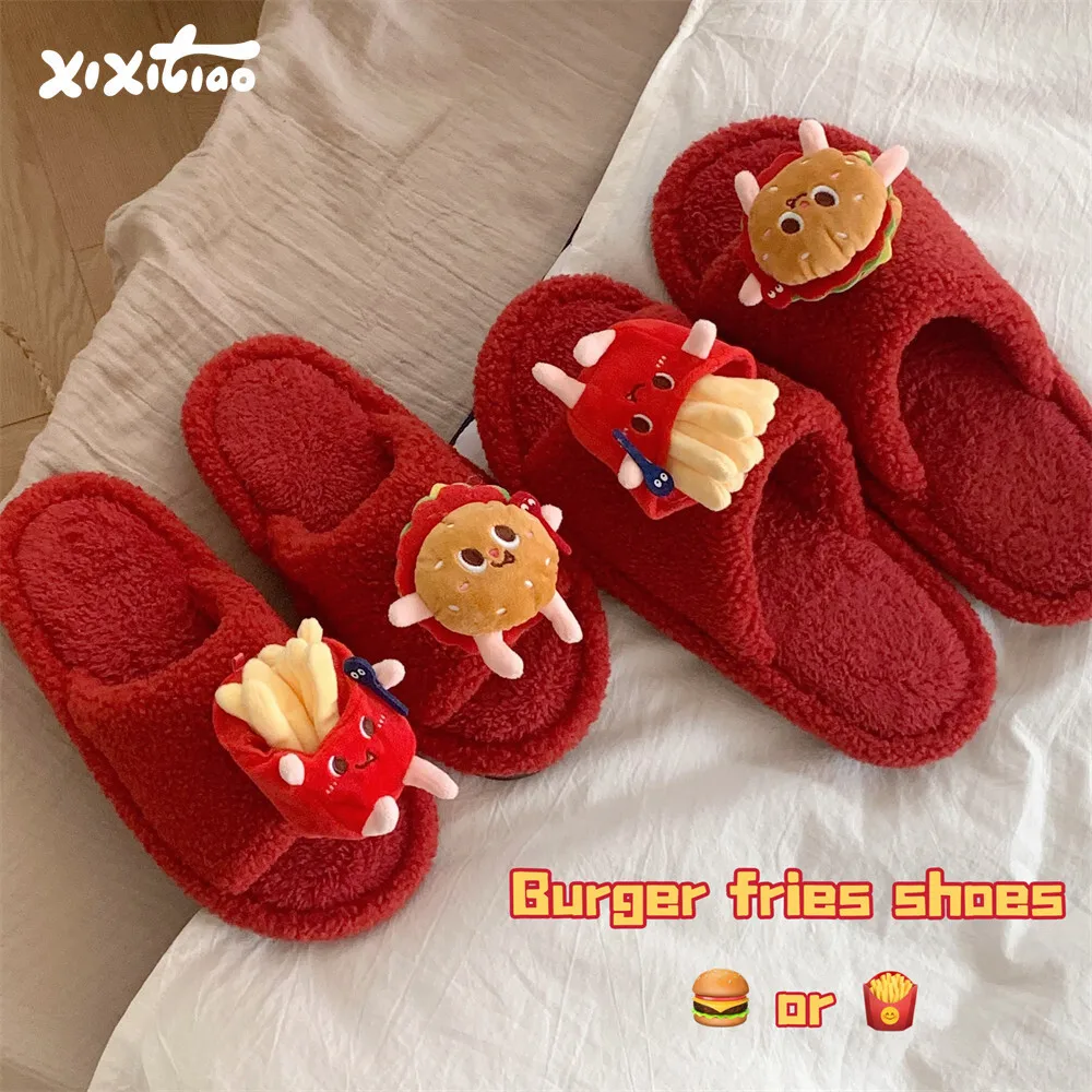 

Winter Warm Plush Red Joyful Couple Cartoon Slippers Men And Women Hamburgers And French Fries Home Slippers