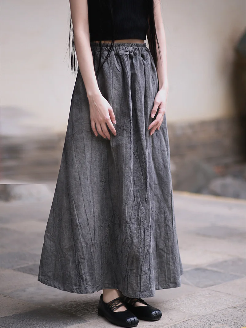 TIYIHAILEY Long Maxi A-line Elastic High Waist Women Cotton And Linen Skirts Tie-dye New Fashion Ladies Skirt Pockets 2026 New