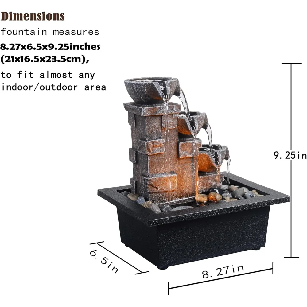 نافورة شلال زن من 3 طبقات مع أضواء LED - ديكور سطح المكتب من صخور النهر الطبيعي للتأمل والاسترخاء في المكتب #5