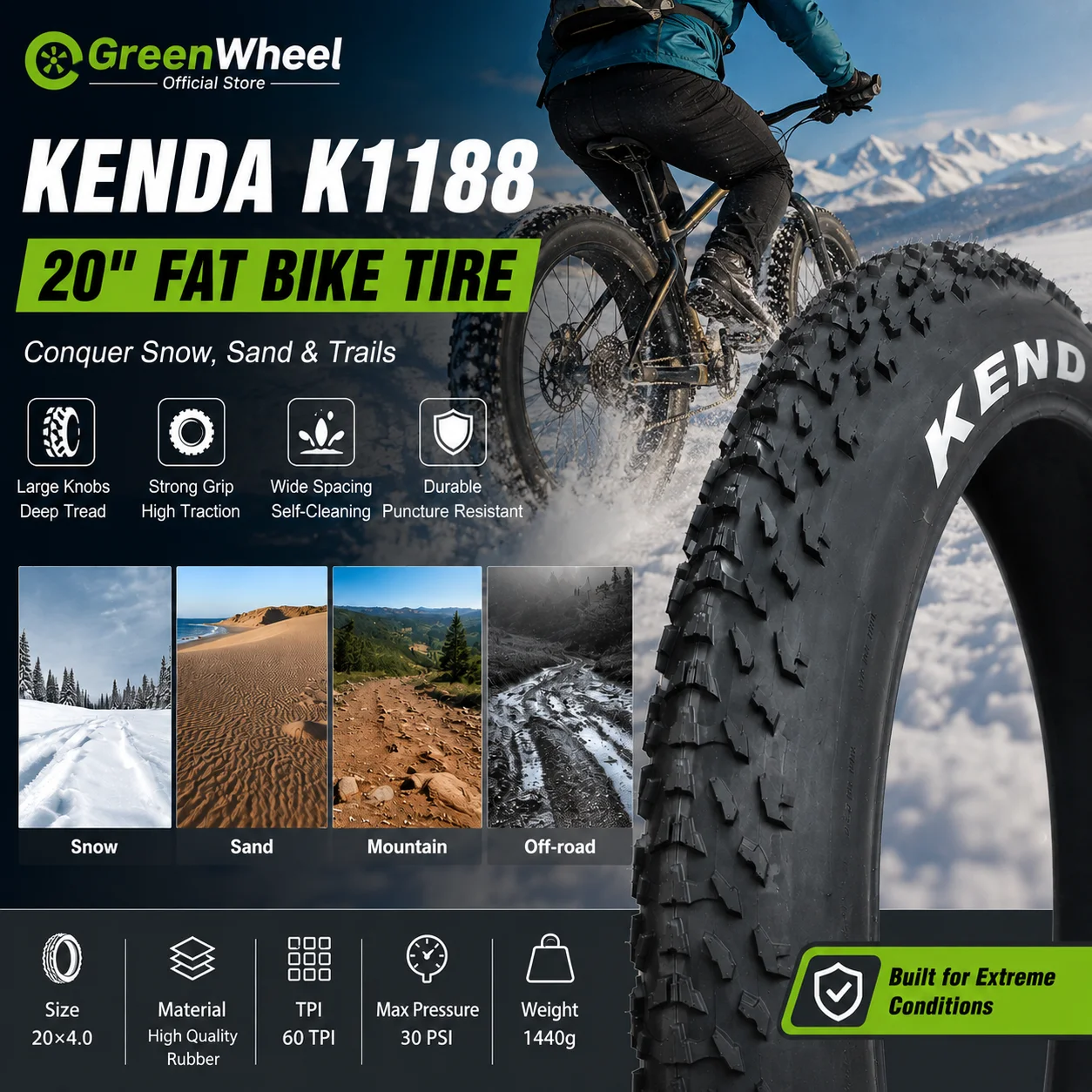 

Kenda K1188 Krusade Fat Tire 20x4.0 Bicycle Tire 20"x4.00 Wire Clincher SRC Black Fat Bike Tyre 20x4.0 Inner Tube
