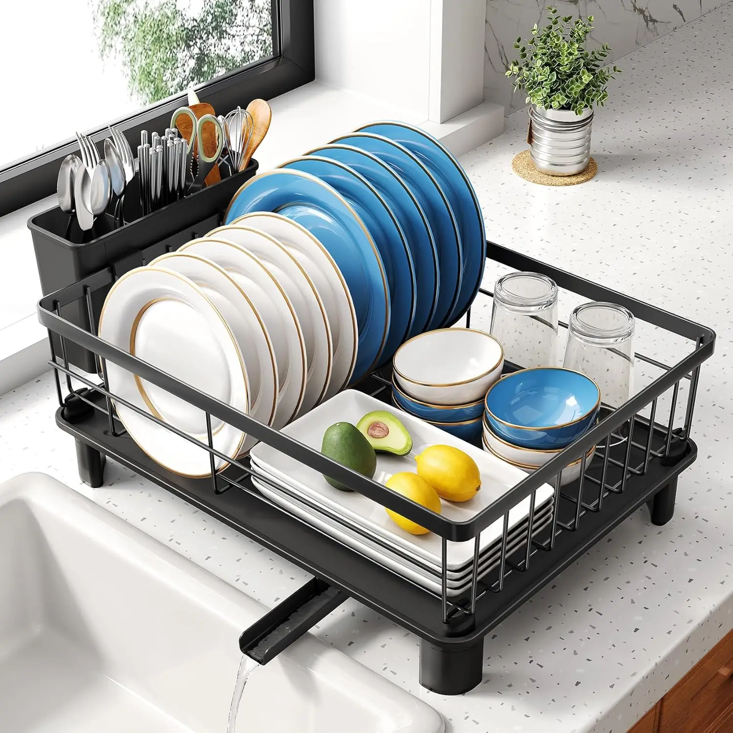 

Dish Drying Rack - Small Dish Rack for Kitchen Counter, Stainless Steel Dish Drainer with Utensil Holder and Drainboard