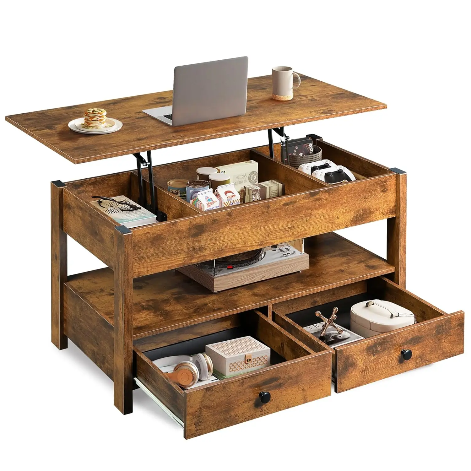 طاولة قهوة، طاولة قهوة قابلة للرفع مع درجين، مساحة تخزين كبيرة ورف مفتوح، طاولة رفع لغرفة المعيشة