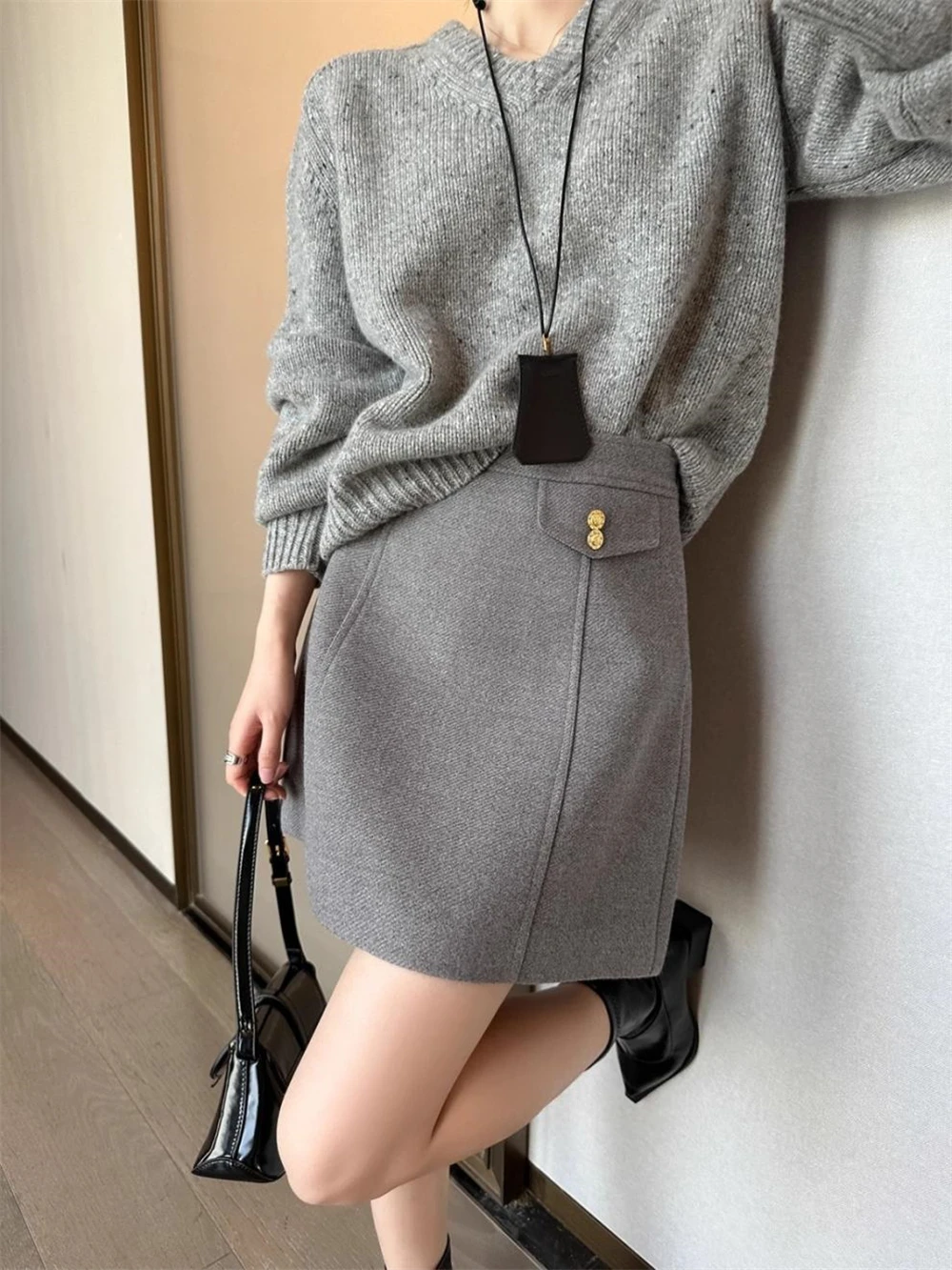 Ladies Gray Temperament Woolen Skirt Women's Autumn Winter Daily New High-waisted Fashion Slim  Elegant A-Line Short Skirts Gift