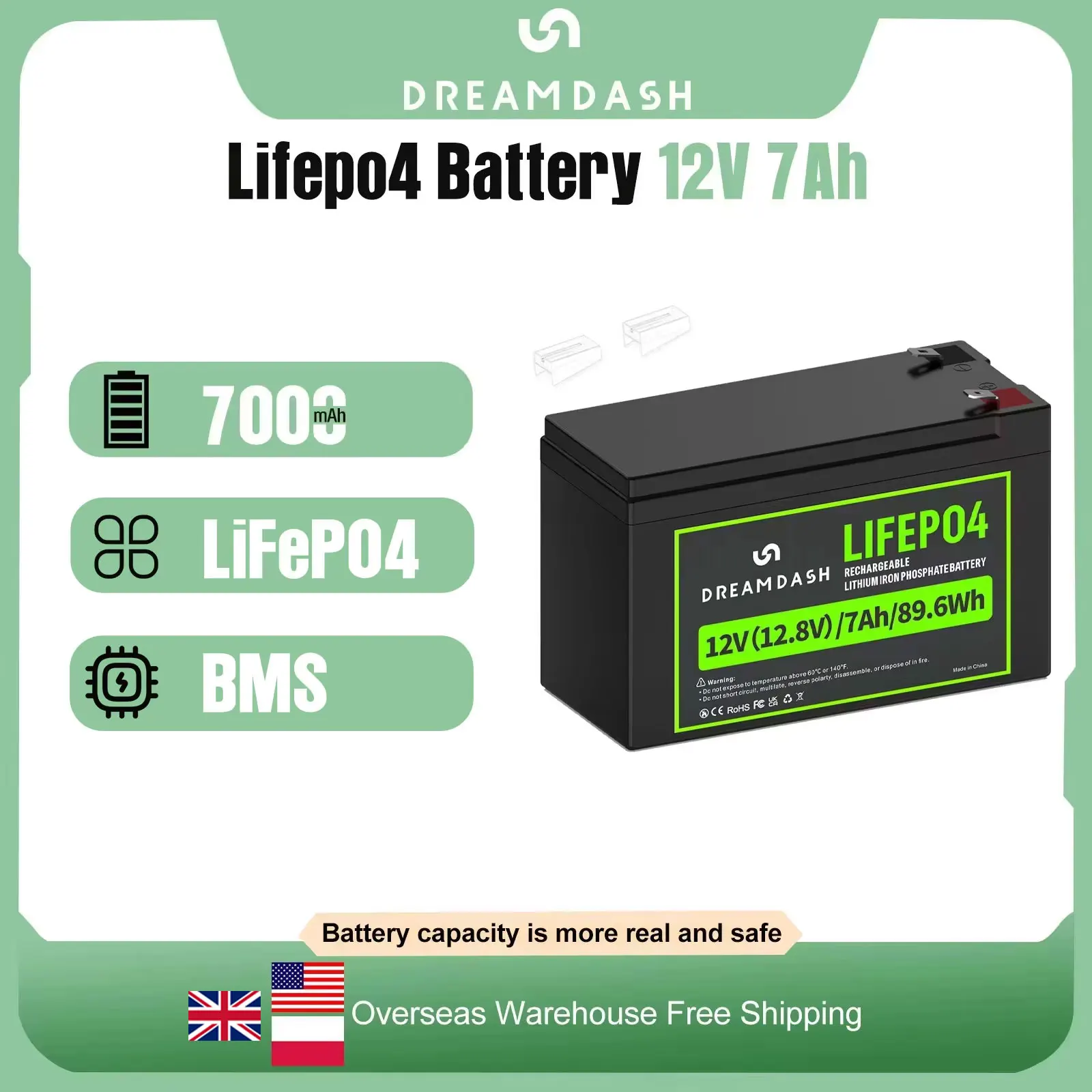 

Литий-железная батарея Dreamdash 12 В, 7 Ач LiFePO4, аккумуляторная батарея глубокого цикла 2000+, встроенная BMS для солнечного порошка, освещение