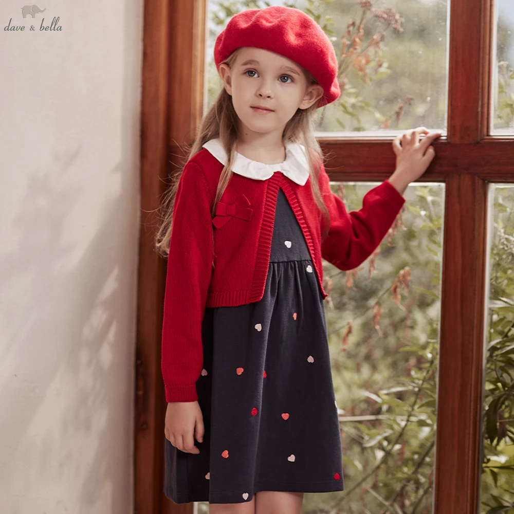 

Вязаное платье-свитер для девочек Dave Bella, нежное милое детское платье из двух предметов с длинными рукавами для вечеринки на открытом воздухе DBM14515