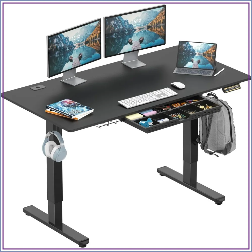 55x28 Electric Height Adjustable Standing Desk with Drawer, Black