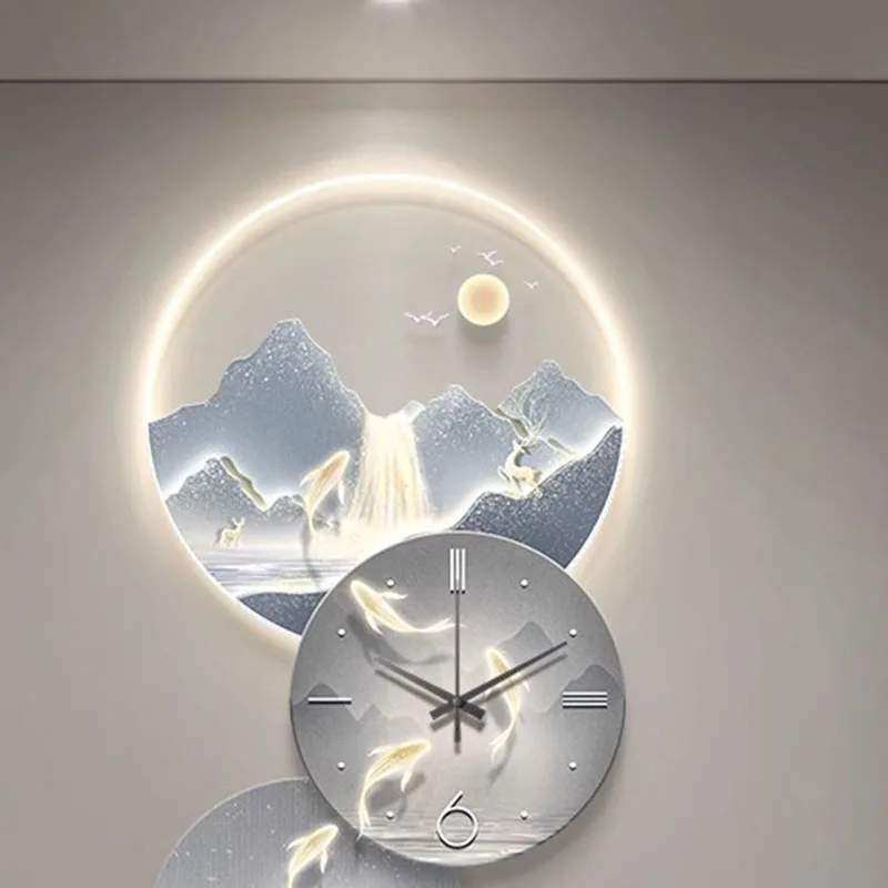 Wall Art With LED Light And Clock Luxury Entryway Mountain Painting Wall Decor For Hallway Corridor Home Decor