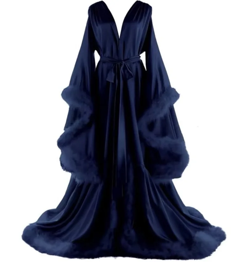 Feather Satin Women Prom Dress Sexy V Neck Full Sleeves Satin Wedding Sleepwear Evening Gown Customized Formal Bridal Robe